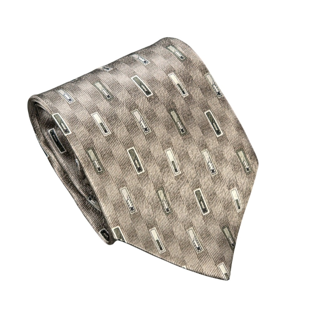 Pierre Cardin 100% Silk Necktie Men's Taupe Grey Green Geometric Pattern